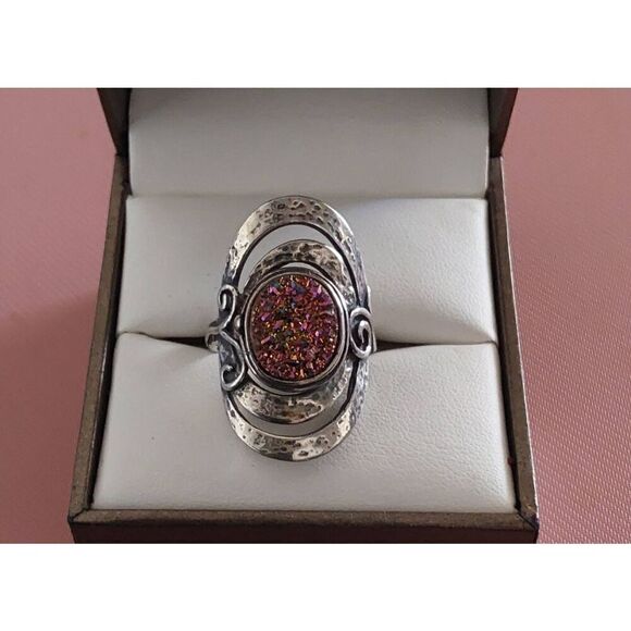 PZ Creations Israel Sterling Silver & Pink Druzy Gemstone Statement Ring Sz 8.25 - Picture 1 of 4